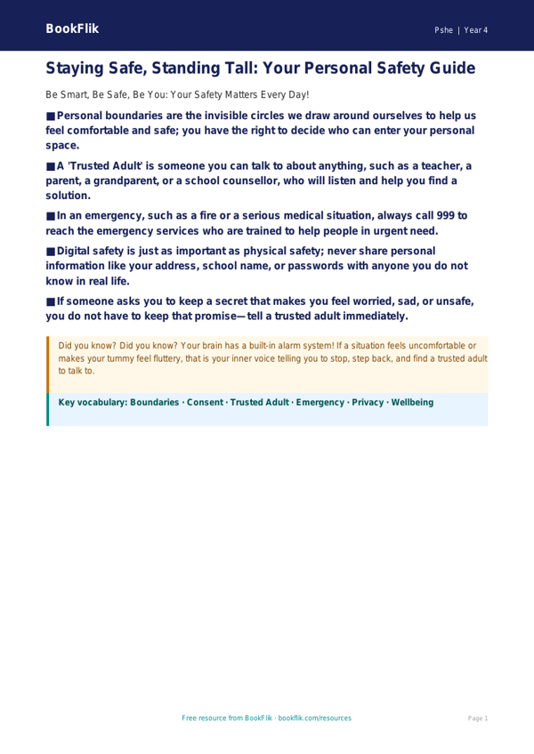 Personal Safety Poster Activity for Class 4 | Life Skills | BookFlik worksheet preview — Pshe Personal Safety