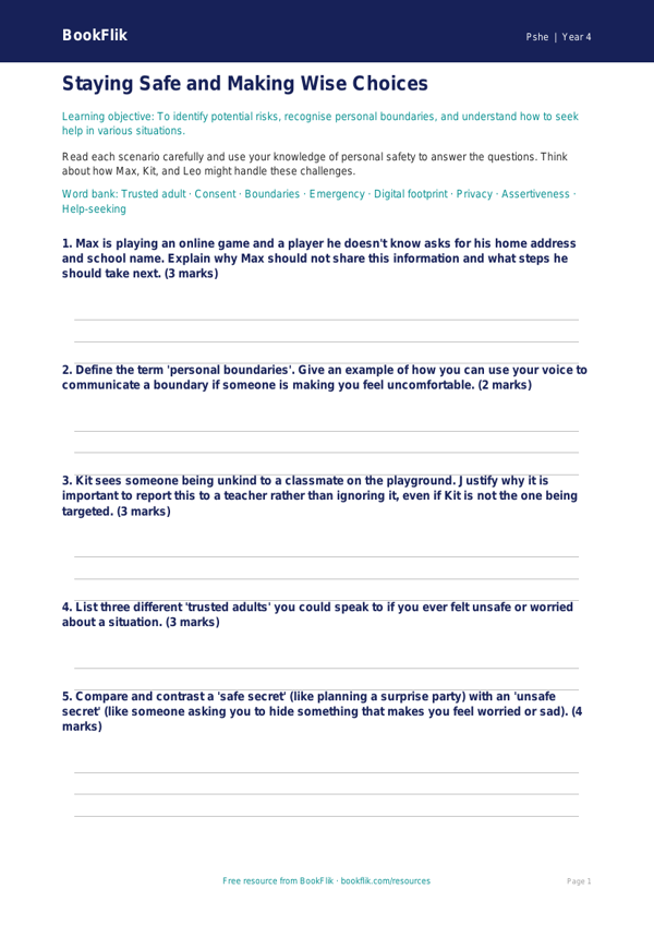 Free Personal Safety Worksheet | Class 4 | Life Skills | BookFlik worksheet preview — Pshe Personal Safety