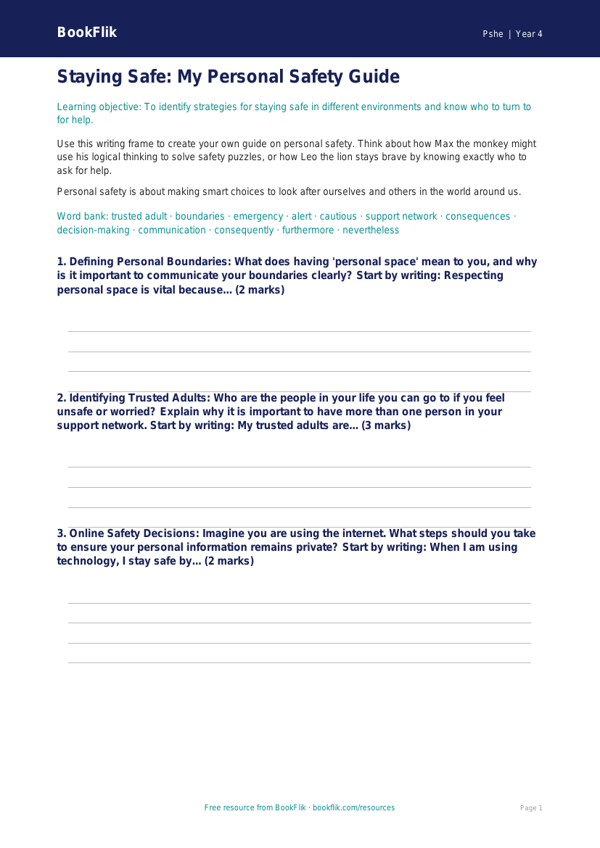 Free Personal Safety Writing Frame | Class 4 | Life Skills | BookFlik worksheet preview — Pshe Personal Safety