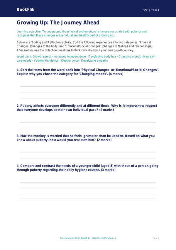 Understanding Growth and Change: Class 4 Life Skills Activity Sheet worksheet preview — Pshe Puberty