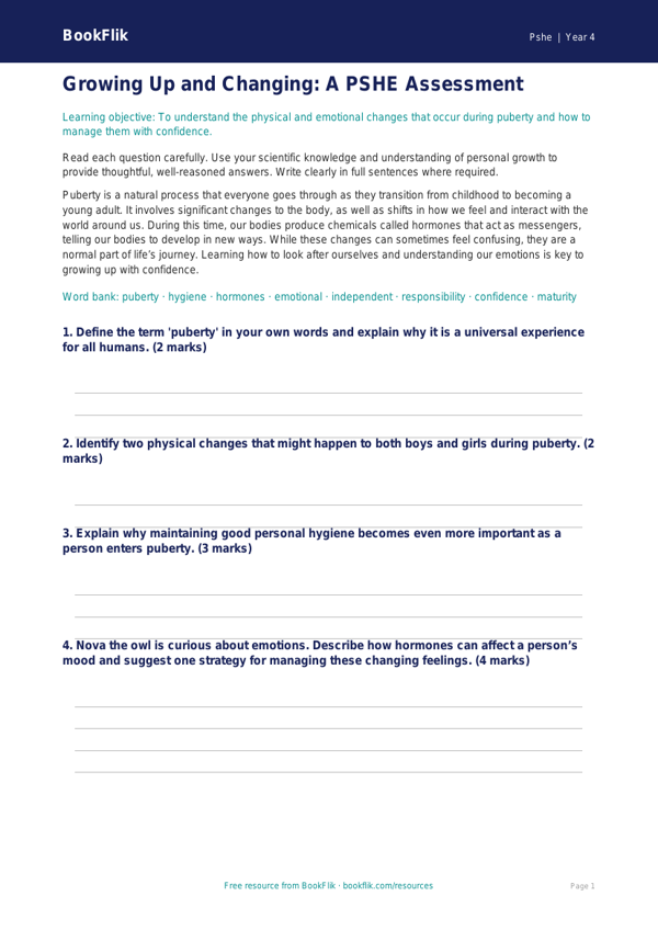 Understanding Growth and Change: Class 4 Life Skills Resource | BookFlik worksheet preview — Pshe Puberty