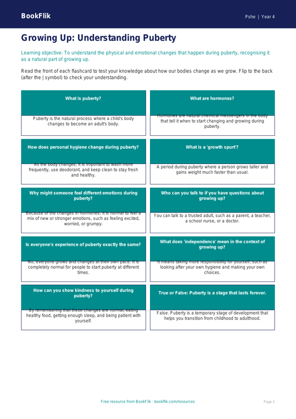 Understanding Puberty Flashcards for Class 4 Students | BookFlik worksheet preview — Pshe Puberty