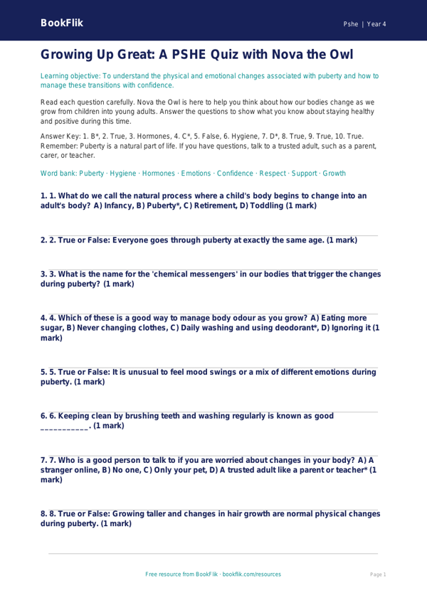 Understanding Growing Up: Life Skills Quiz for Class 4 | BookFlik worksheet preview — Pshe Puberty
