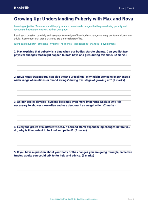Understanding Puberty Worksheet for Class 4 Students | BookFlik worksheet preview — Pshe Puberty