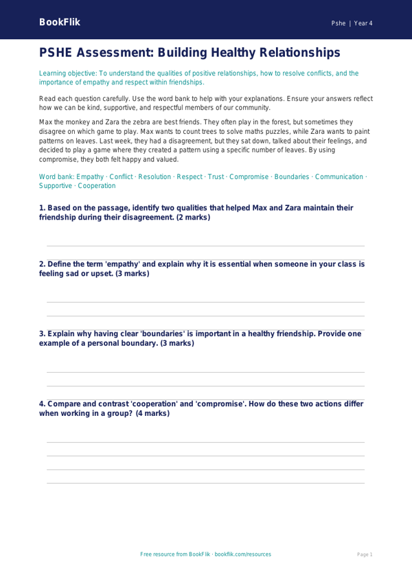 Free Relationships Assessment | Class 4 | Life Skills | BookFlik worksheet preview — Pshe Relationships