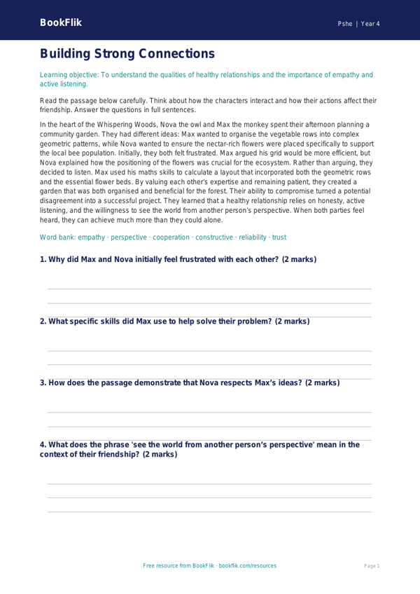 Free Relationships Comprehension | Class 4 | Life Skills | BookFlik worksheet preview — Pshe Relationships
