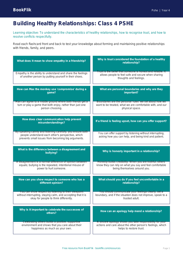 Free Relationships Flashcards | Class 4 | Life Skills | BookFlik worksheet preview — Pshe Relationships
