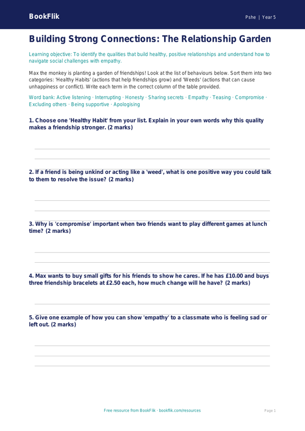 Free Relationships Activity Sheet | Class 5 | Life Skills | BookFlik worksheet preview — Pshe Relationships