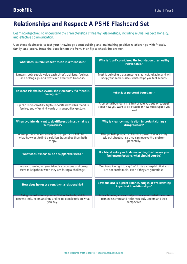 Free Relationships Flashcards | Class 5 | Life Skills | BookFlik worksheet preview — Pshe Relationships