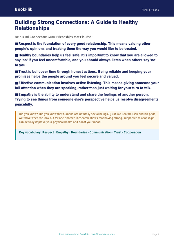 Free Relationships Poster | Class 5 | Life Skills | BookFlik worksheet preview — Pshe Relationships