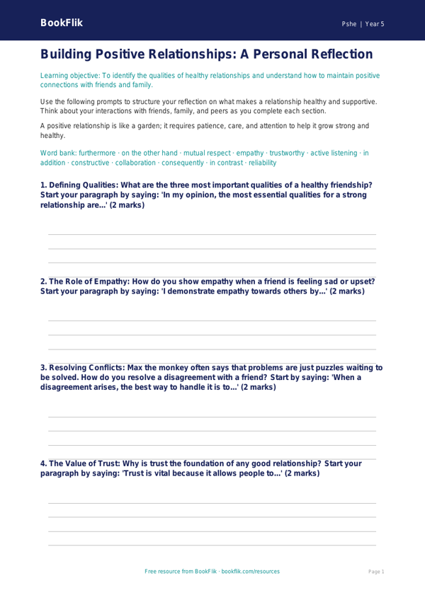 Free Relationships Writing Frame | Class 5 | Life Skills | BookFlik worksheet preview — Pshe Relationships