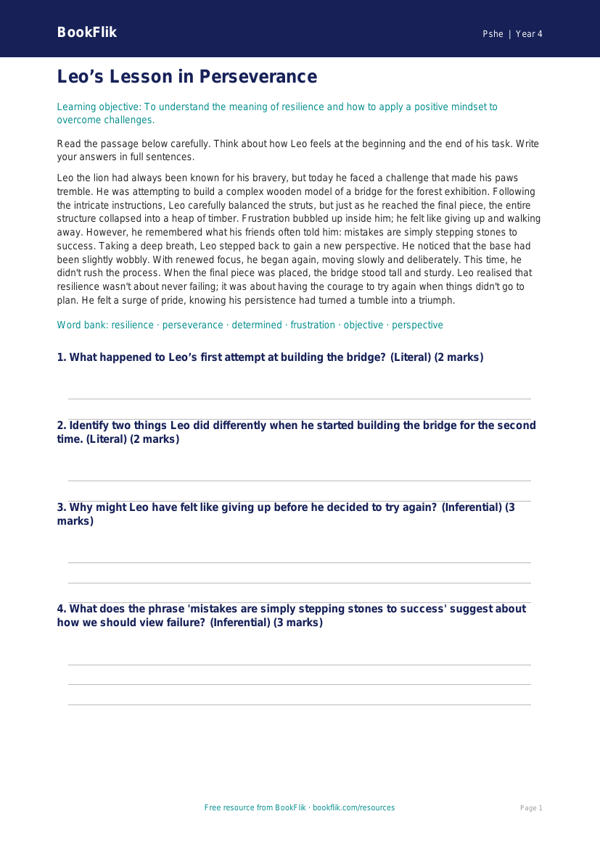 Free Resilience Comprehension | Class 4 | Life Skills | BookFlik worksheet preview — Pshe Resilience