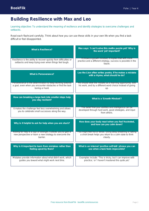 Resilience Flashcards for Class 4 | Life Skills CBSE | BookFlik worksheet preview — Pshe Resilience