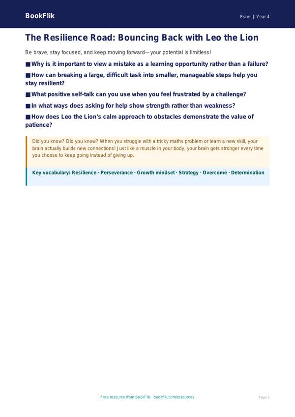 Free Resilience Poster | Class 4 | Life Skills | BookFlik worksheet preview — Pshe Resilience