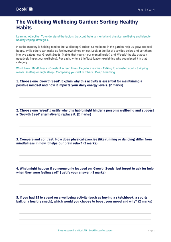 Free Wellbeing Activity Sheet | Class 4 | Life Skills | BookFlik worksheet preview — Pshe Wellbeing