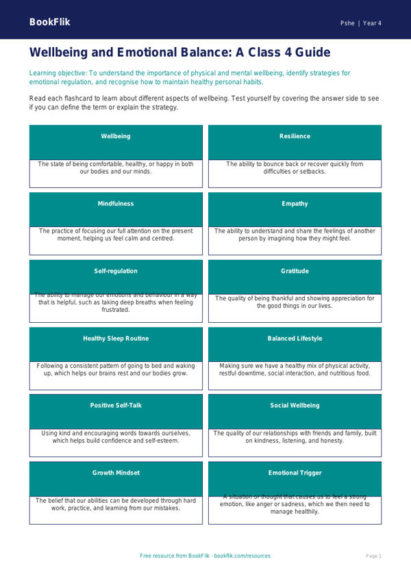 Wellbeing Flashcards for Class 4 | CBSE Life Skills | BookFlik worksheet preview — Pshe Wellbeing