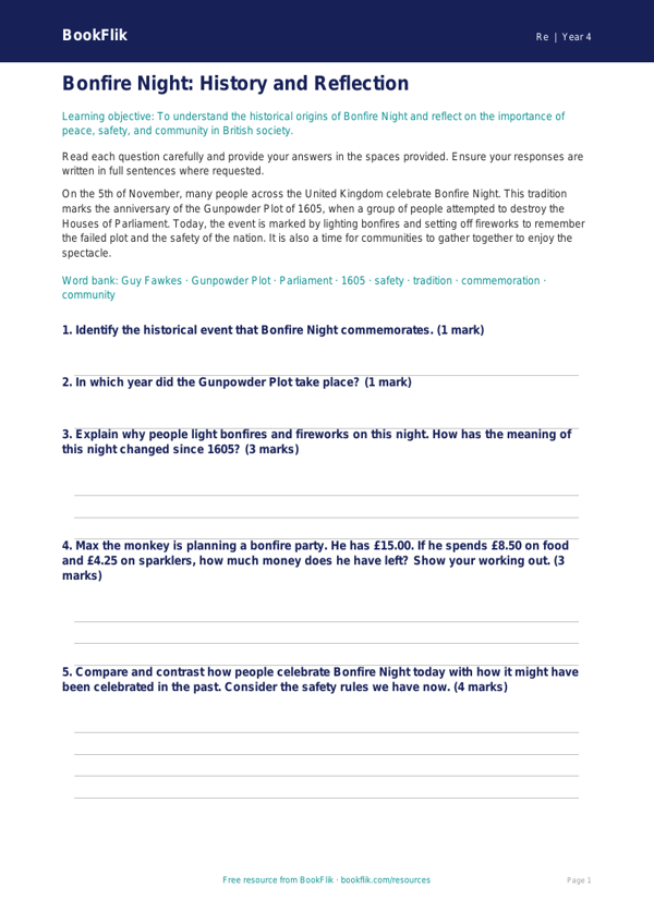 Bonfire Night Assessment | Class 4 EVS & Moral Education | BookFlik worksheet preview — Re Bonfire Night