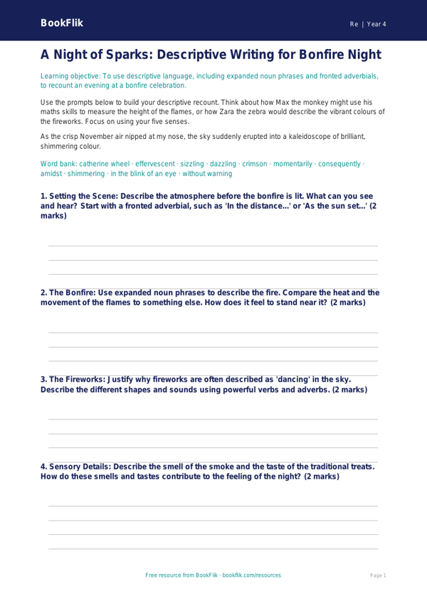 Bonfire Night Writing Frame | Class 4 EVS & Moral Education | BookFlik worksheet preview — Re Bonfire Night