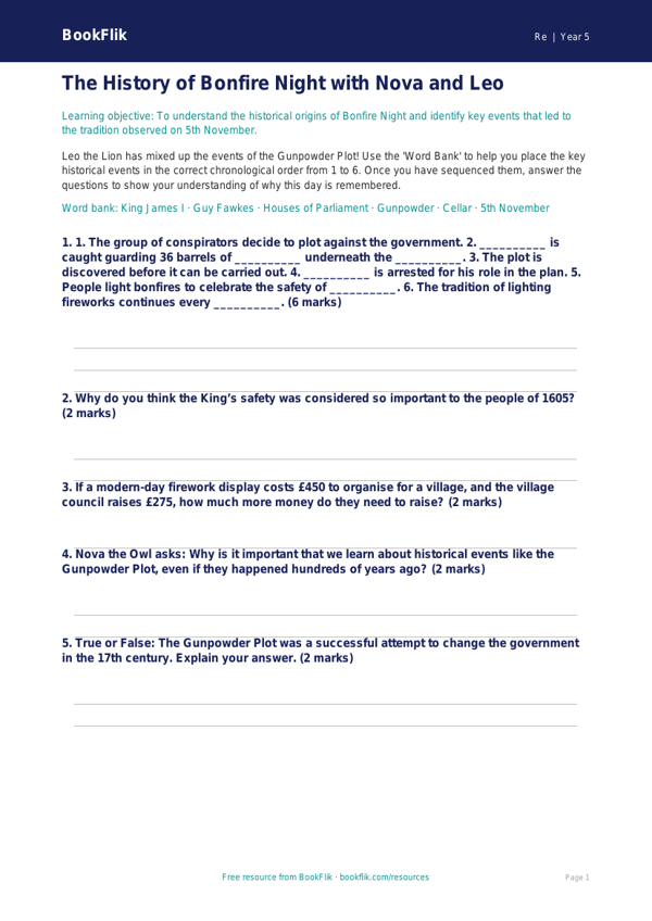 Class 5 Bonfire Night Activity Sheet | EVS & Moral Education | BookFlik worksheet preview — Re Bonfire Night