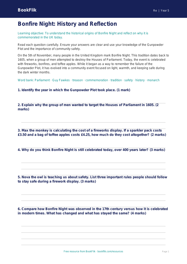 Understanding Festivals and Safety: Class 5 EVS Worksheet | BookFlik worksheet preview — Re Bonfire Night