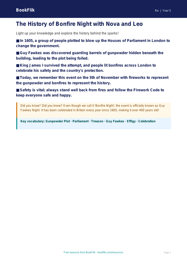 Bonfire Night Safety & Traditions | Class 5 EVS Worksheet | BookFlik worksheet preview — Re Bonfire Night