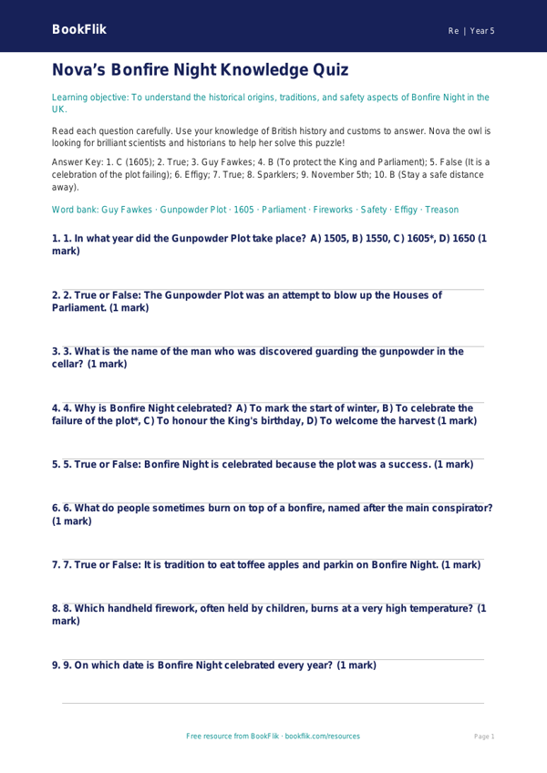 Bonfire Night Quiz for Class 5 | EVS & Moral Education | BookFlik worksheet preview — Re Bonfire Night