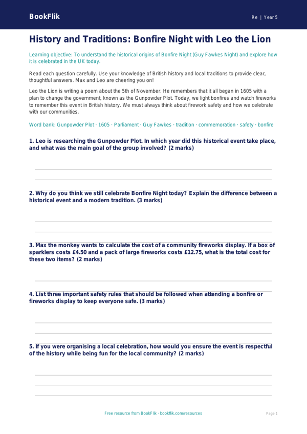Bonfire Night Worksheet for Class 5 | EVS & Safety | BookFlik worksheet preview — Re Bonfire Night