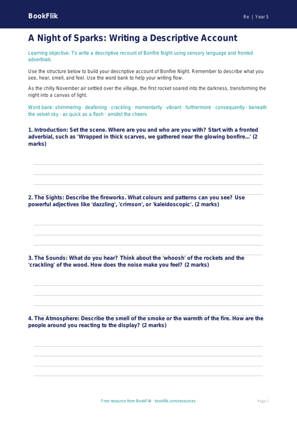 Bonfire Night Writing Frame | Class 5 EVS & Moral Education | BookFlik worksheet preview — Re Bonfire Night
