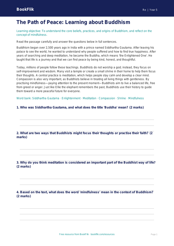 Free Buddhism Comprehension | Class 5 | EVS / Moral Education | BookFlik worksheet preview — Re Buddhism