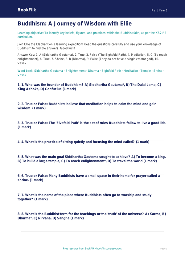 Free Buddhism Quiz | Class 5 | EVS / Moral Education | BookFlik worksheet preview — Re Buddhism