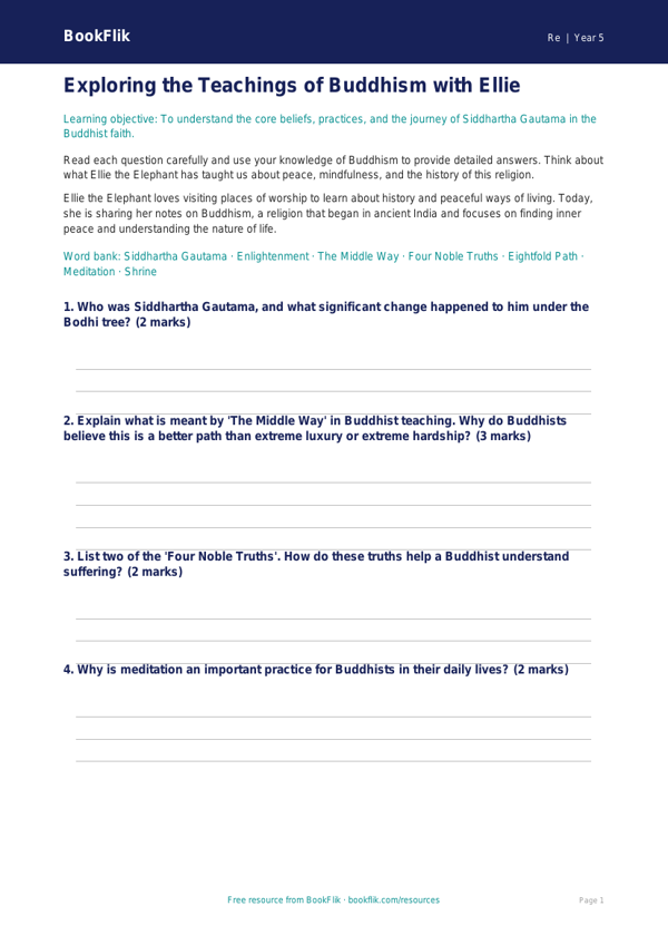 Free Buddhism Worksheet | Class 5 | EVS / Moral Education | BookFlik worksheet preview — Re Buddhism