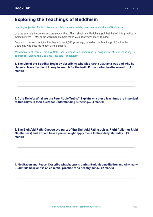 Free Buddhism Writing Frame | Class 5 | EVS / Moral Education | BookFlik worksheet preview — Re Buddhism
