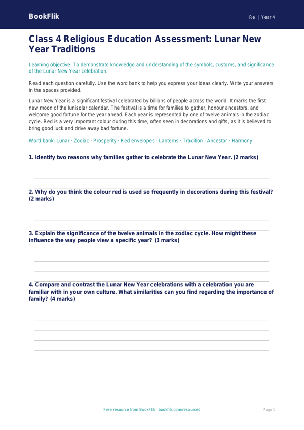 Chinese New Year Assessment | Class 4 EVS & Moral Education | BookFlik worksheet preview — Re Chinese New Year