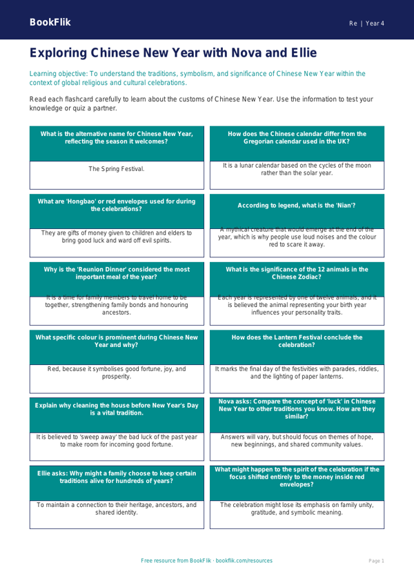Chinese New Year Flashcards for Class 4 | EVS & Moral Education | BookFlik worksheet preview — Re Chinese New Year