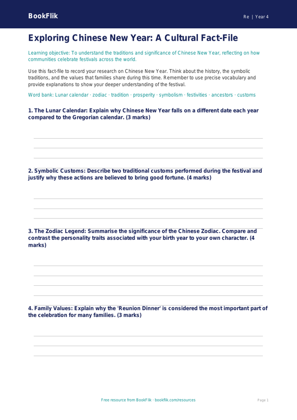 Free Chinese New Year Template | Class 4 | EVS / Moral Education | BookFlik worksheet preview — Re Chinese New Year