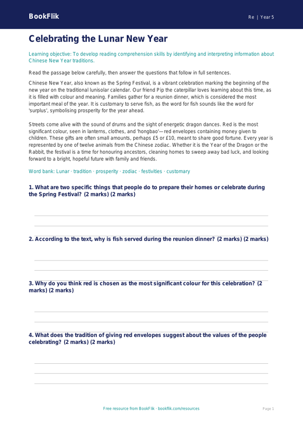 Free Chinese New Year Comprehension | Class 5 | EVS / Moral Education | BookFlik worksheet preview — Re Chinese New Year