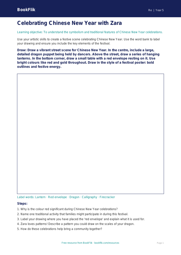 Chinese New Year Drawing Sheet for Class 5 | EVS & Moral Education | BookFlik worksheet preview — Re Chinese New Year