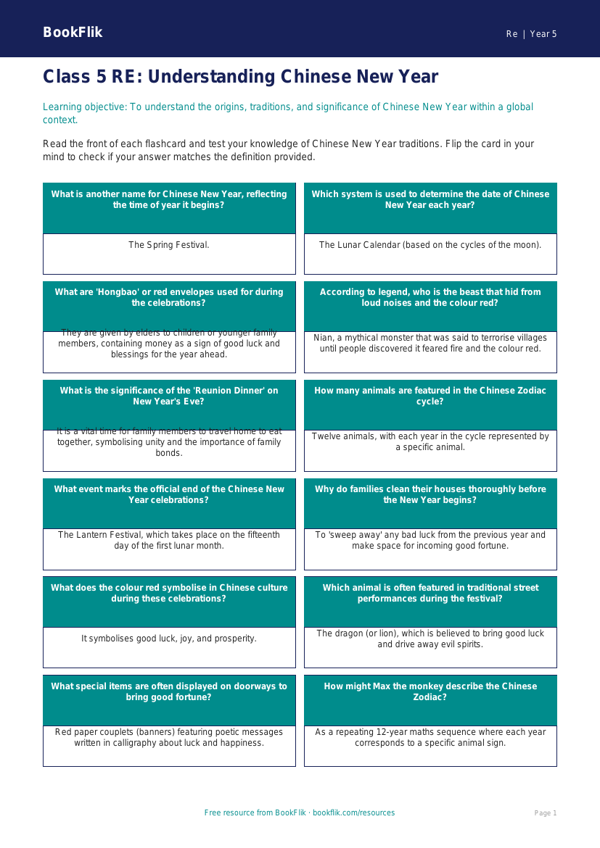 Chinese New Year Lesson Plan & Activities | Class 5 | EVS | BookFlik worksheet preview — Re Chinese New Year