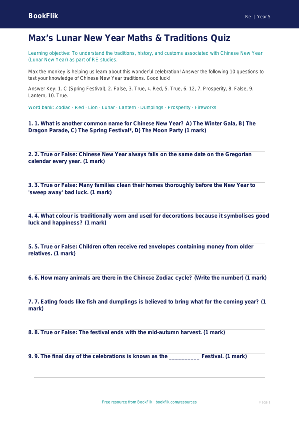 Free Chinese New Year Quiz | Class 5 | EVS / Moral Education | BookFlik worksheet preview — Re Chinese New Year