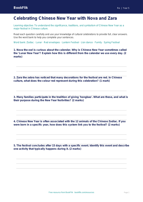 Free Chinese New Year Worksheet | Class 5 | EVS / Moral Education | BookFlik worksheet preview — Re Chinese New Year