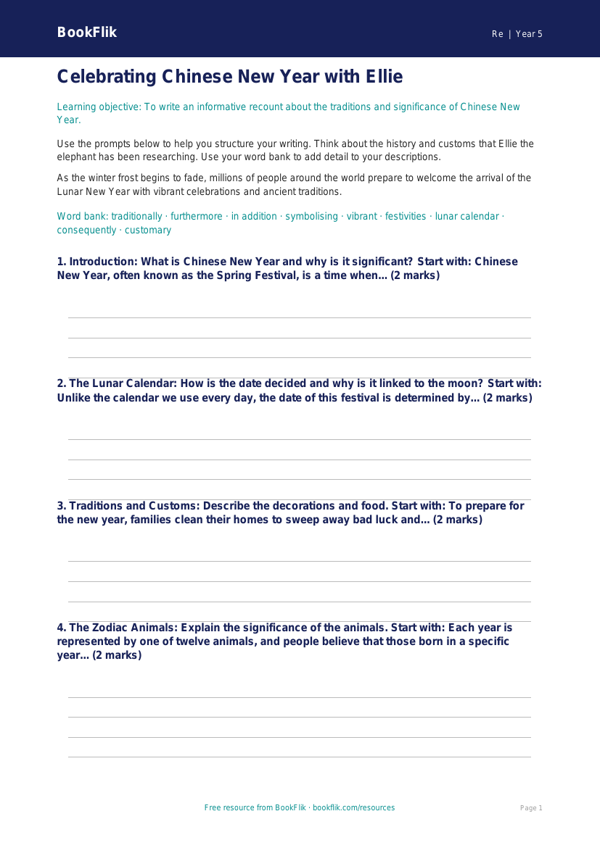 Free Chinese New Year Writing Frame | Class 5 | EVS / Moral Education | BookFlik worksheet preview — Re Chinese New Year