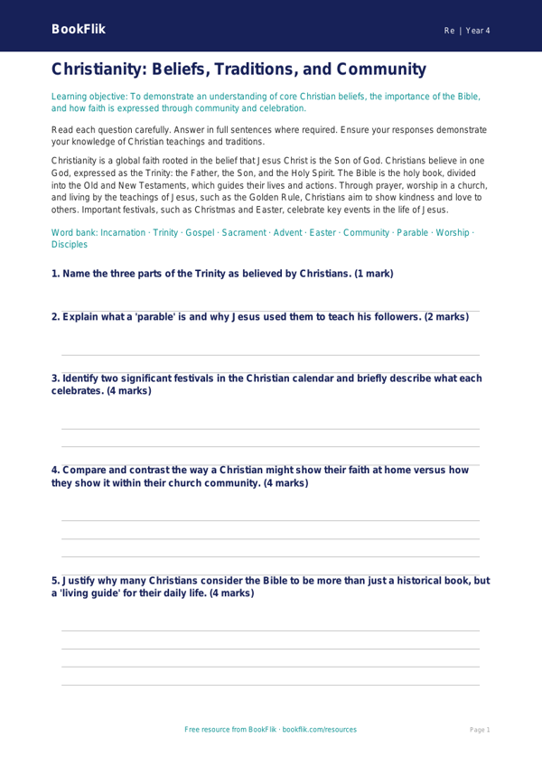 Christianity Assessment for Class 4 | EVS & Moral Education | BookFlik worksheet preview — Re Christianity