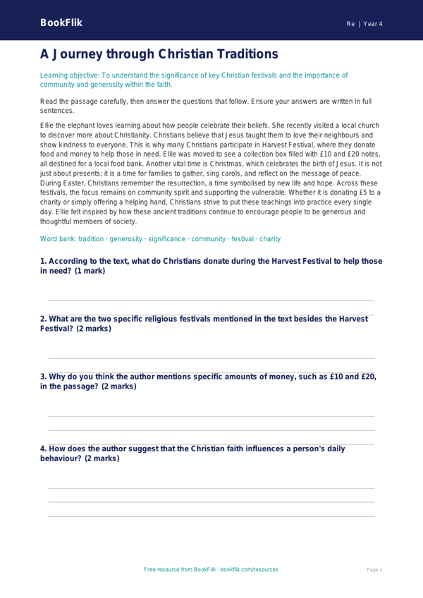 Christianity Comprehension Worksheet | Class 4 EVS | BookFlik worksheet preview — Re Christianity