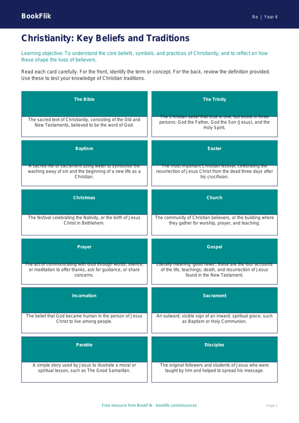 Christianity Educational Flashcards | Class 4 EVS & Moral Education | BookFlik worksheet preview — Re Christianity
