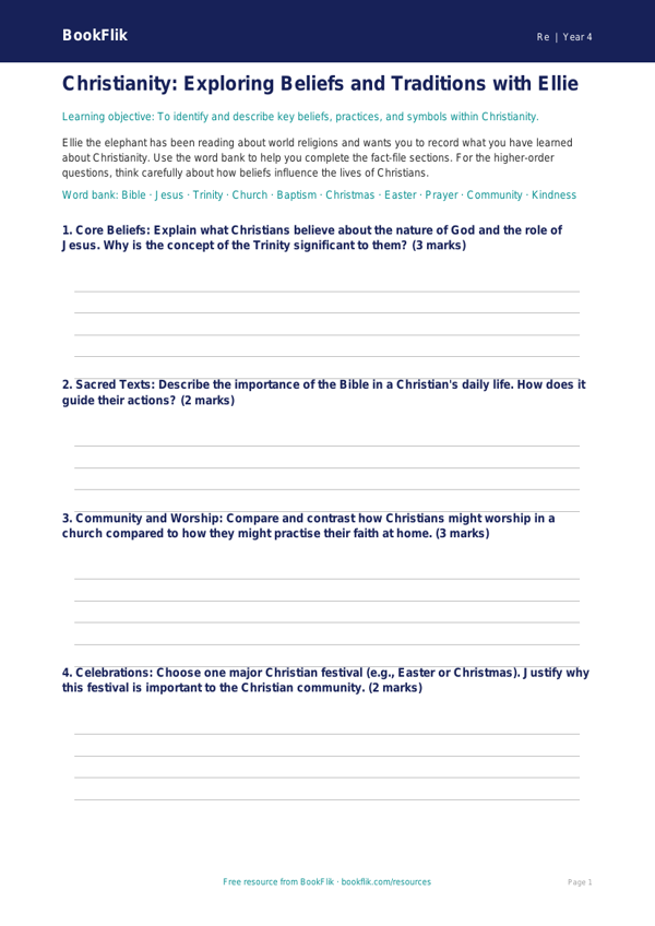 Understanding Christianity: Class 4 EVS & Moral Education Resource | BookFlik worksheet preview — Re Christianity
