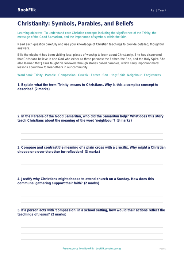 Christianity Worksheet for Class 4 | EVS & Moral Education | BookFlik worksheet preview — Re Christianity