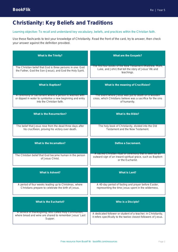 Christianity Flashcards for Class 5 | EVS & Moral Education | BookFlik worksheet preview — Re Christianity