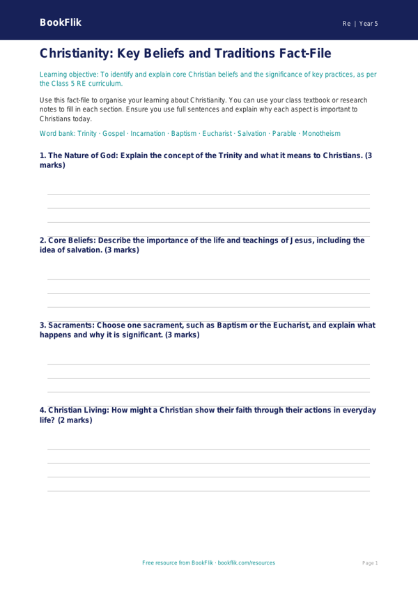 Christianity Lesson Plan for Class 5 | EVS & Moral Education | BookFlik worksheet preview — Re Christianity