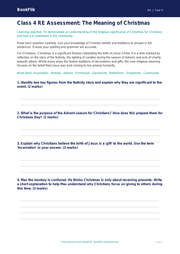 Free Christmas Assessment | Class 4 | EVS / Moral Education | BookFlik worksheet preview — Re Christmas