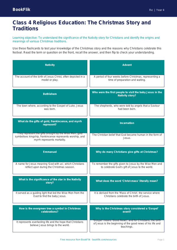 Christmas Flashcards for Class 4 EVS | Moral Education | BookFlik worksheet preview — Re Christmas